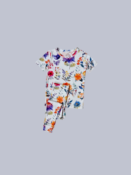 French Floral Bamboo toddler and kids two piece short sleeve pj set.