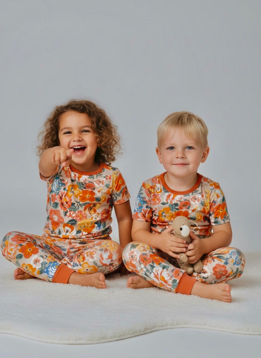 Peonies and Poppies toddler and kids, Bamboo two piece short sleeve pj set.