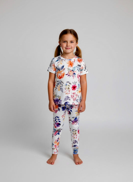 French Floral Bamboo toddler and kids two piece short sleeve pj set.